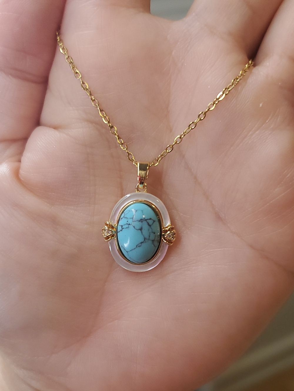 Gold Plated Necklace with Turquoise Blue Stone and Mother Of Pearl